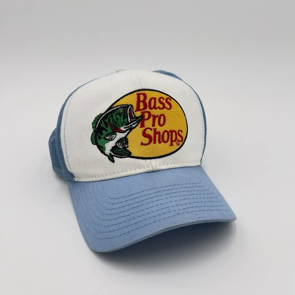 Bass Pro Shops Trucker Hat Snapback Blue White Mesh Fishing Cap.